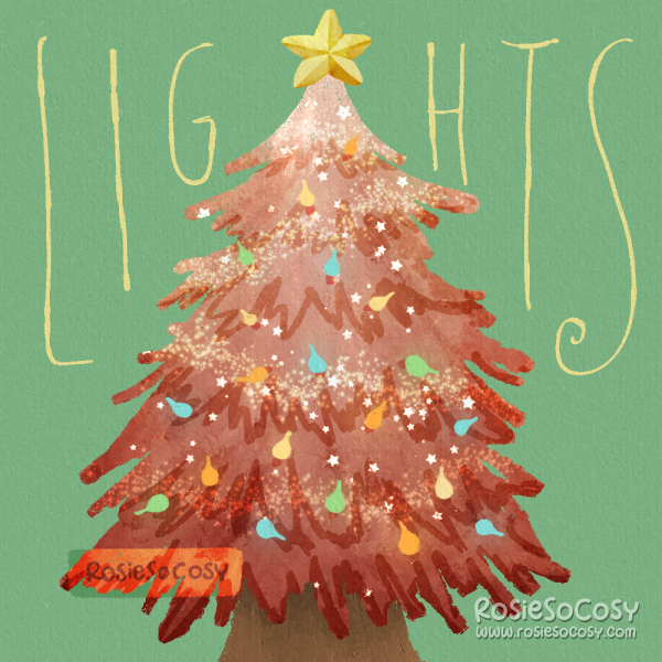 Illustration of a pink Christmas tree with colourful pastel lights all over, and a gold star topper. The background is green and has the letters L, I, G on the left, and the letters H, T, S on the right, spelling the word LIGHTS.