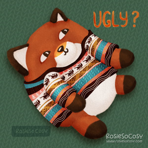 Illustration of a chonky fox wearing an ugly sweater with this year's multicolour design of the Takkie and Siepie Christmas jumper from HEMA.