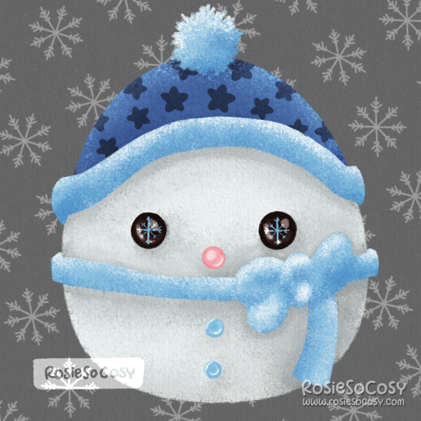 Illustration of a round ball shaped snowman, wearing a blue beanie and matching scarf. It has matching blue buttons, and a pink shiny nose. Its eyes are glossy and have a blue snowflake in the middle.