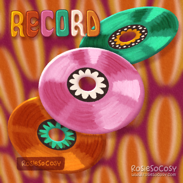 Illustration of three records, one pink, one orange, and one green. The background is an orange and red psychedelic pattern, and the word RECORD is in the top left corner, in a 60s inspired handwritten font.
