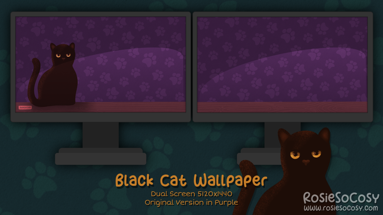 "Salem" Black Cat. Dual Screen Wallpaper (5120x1440). Original Version. Purple Background. Created by RosieSoCosy aka Rosana Kooymans