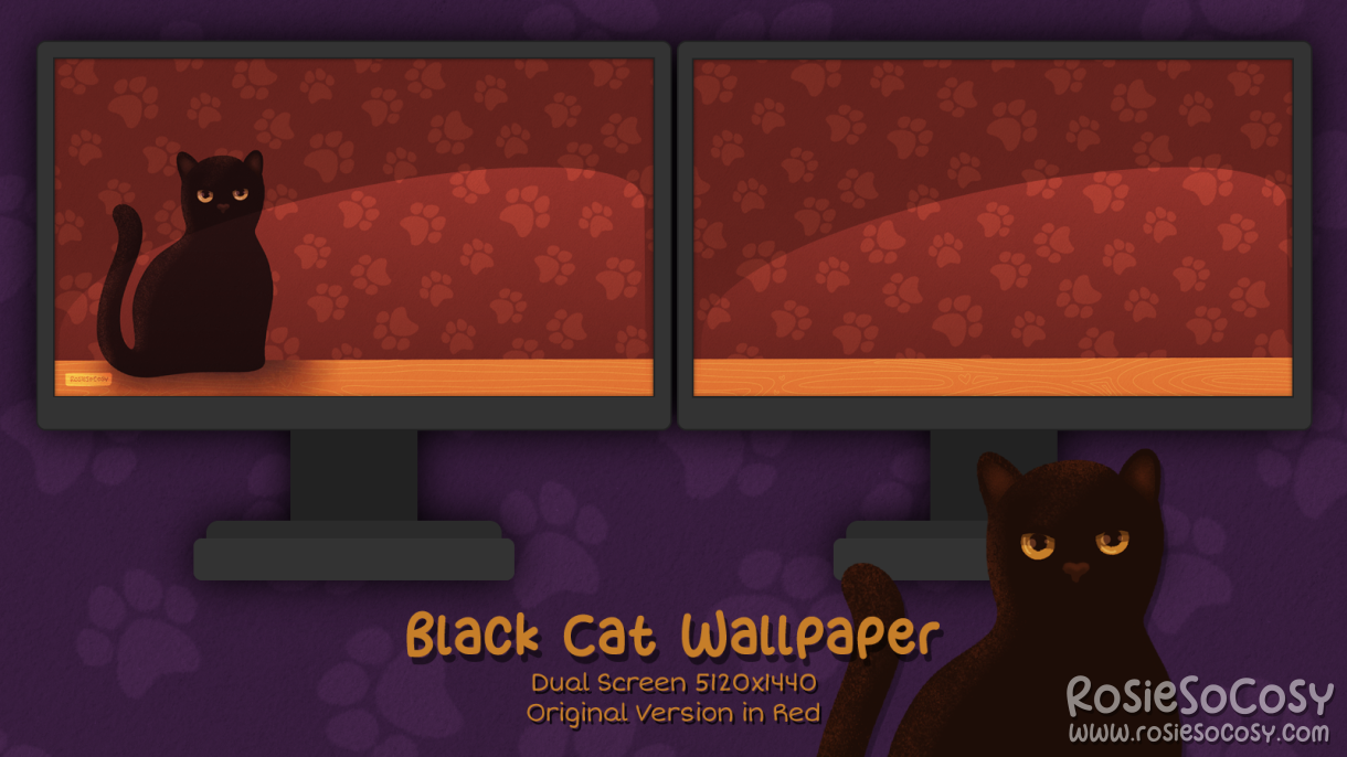 "Salem" Black Cat. Dual Screen Wallpaper (5120x1440). Original Version. Red Background. Created by RosieSoCosy aka Rosana Kooymans