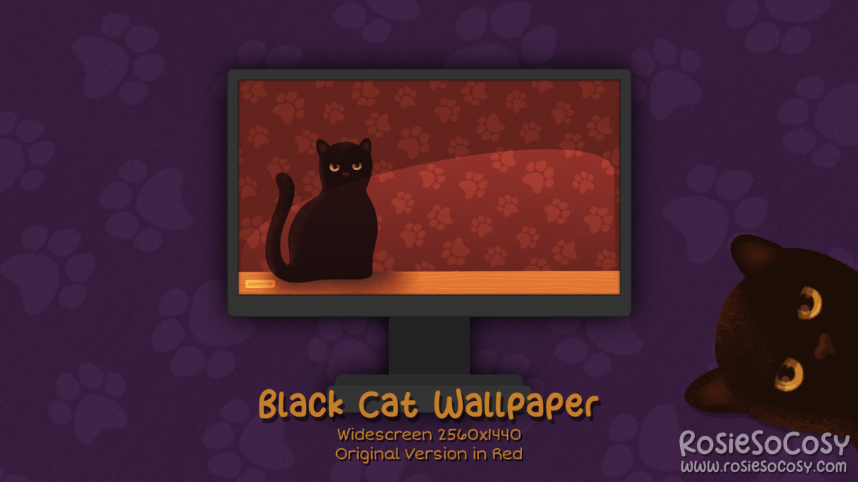 "Salem" Black Cat. Widescreen Wallpaper (2560x1440). Original Version. Red Background. Created by RosieSoCosy aka Rosana Kooymans