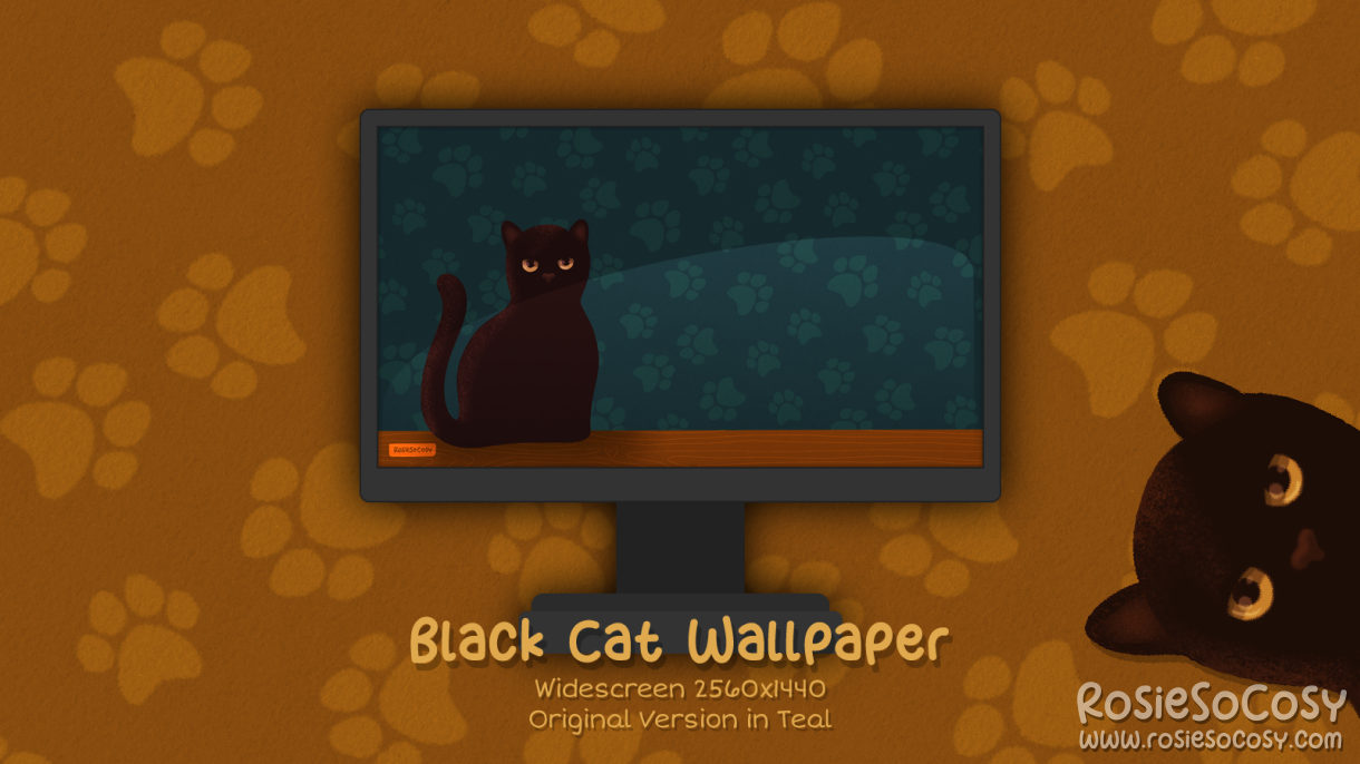 "Salem" Black Cat. Widescreen Wallpaper (2560x1440). Original Version. Teal Background. Created by RosieSoCosy aka Rosana Kooymans
