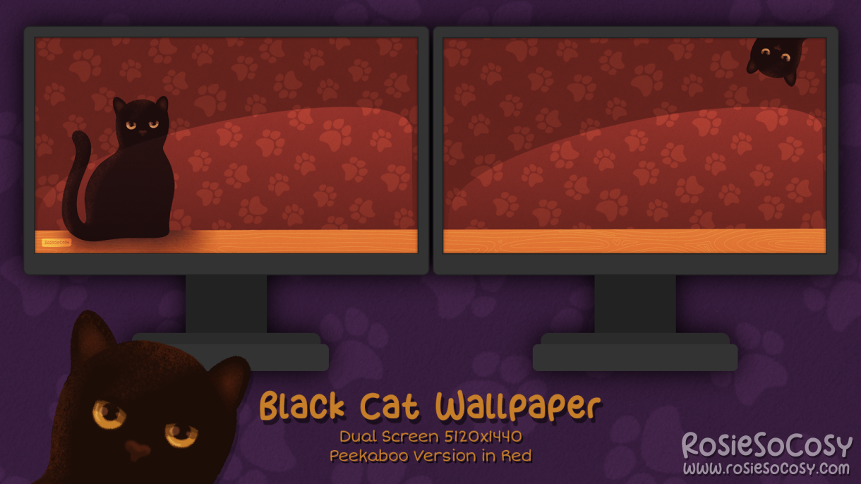 "Salem" Peekaboo Black Cat. Dual Screen Wallpaper (5120x1440). Peekaboo Version. Red Background. Created by RosieSoCosy aka Rosana Kooymans