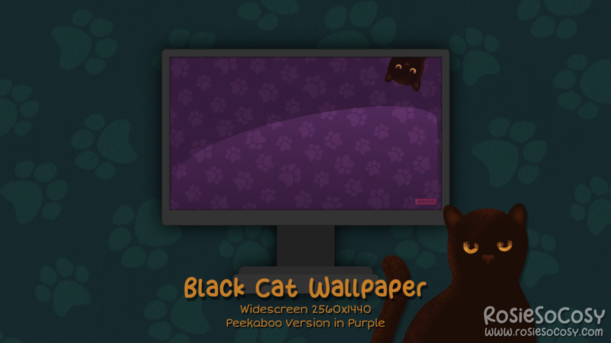 "Salem" Peekaboo Black Cat. Widescreen Wallpaper (2560x1440). Peekaboo Version. Purple Background. Created by RosieSoCosy aka Rosana Kooymans