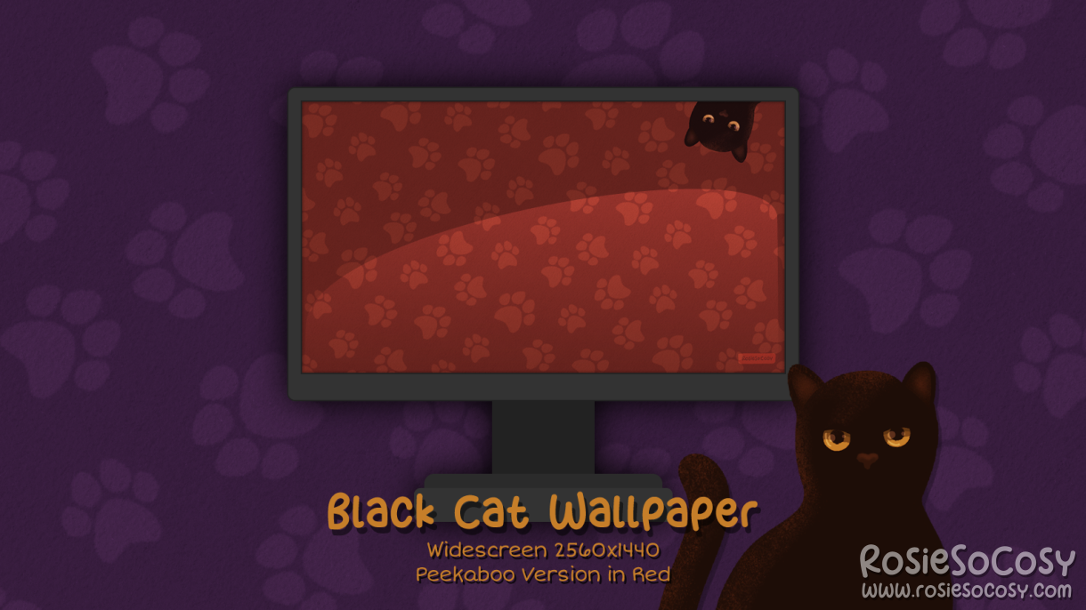 "Salem" Peekaboo Black Cat. Widescreen Wallpaper (2560x1440). Peekaboo Version. Red Background. Created by RosieSoCosy aka Rosana Kooymans