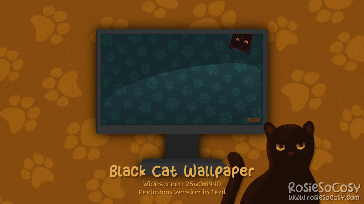 "Salem" Peekaboo Black Cat. Widescreen Wallpaper (2560x1440). Peekaboo Version. Teal Background. Created by RosieSoCosy aka Rosana Kooymans