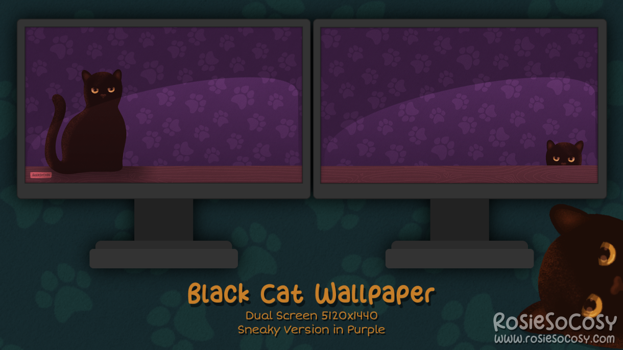 "Salem" Sneaky Black Cat. Dual Screen Wallpaper (5120x1440). Original Version. Purple Background. Created by RosieSoCosy aka Rosana Kooymans