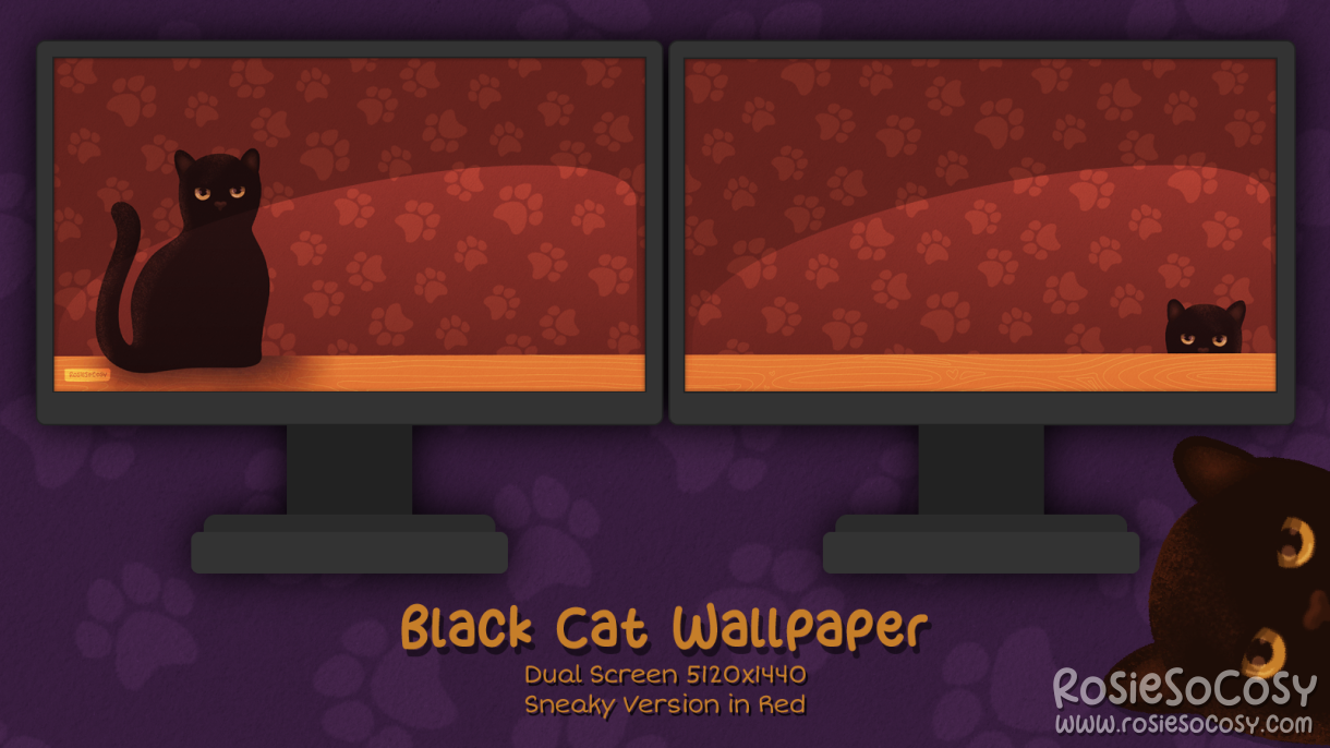 "Salem" Sneaky Black Cat. Dual Screen Wallpaper (5120x1440). Original Version. Red Background. Created by RosieSoCosy aka Rosana Kooymans