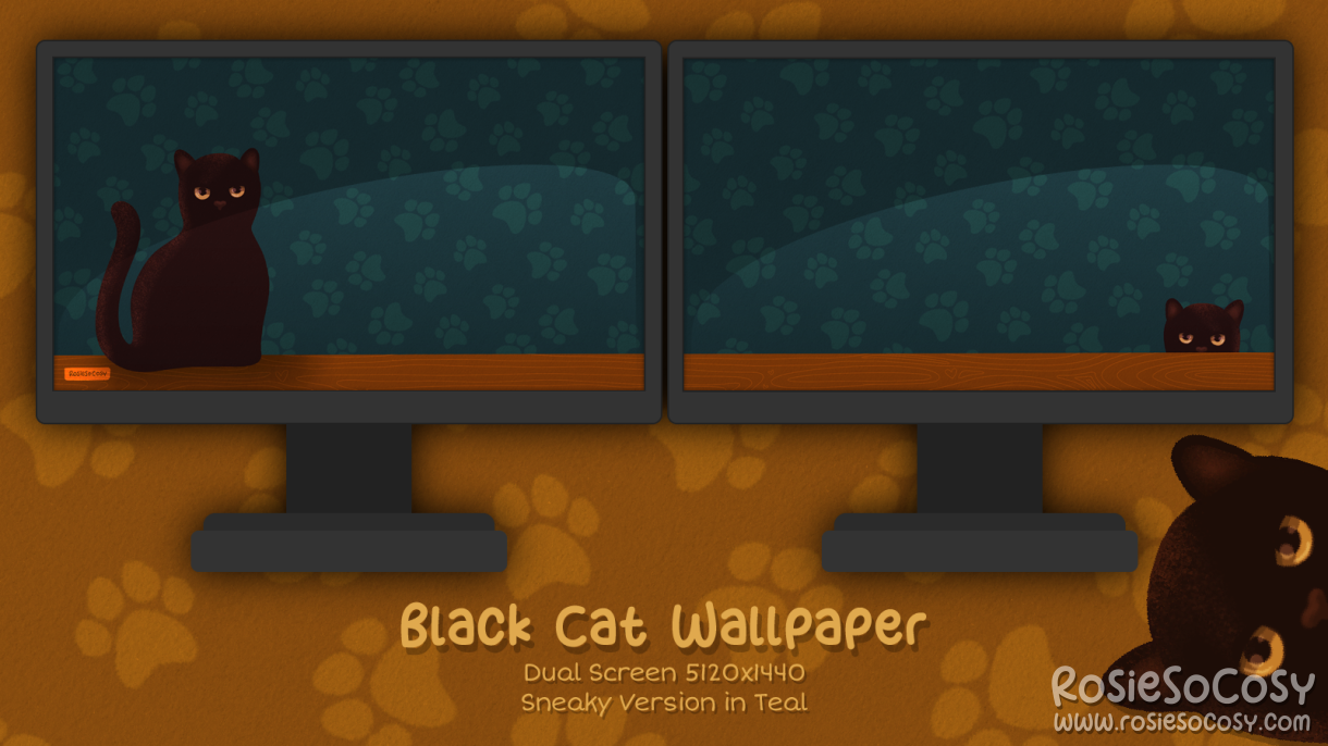 "Salem" Sneaky Black Cat. Dual Screen Wallpaper (5120x1440). Original Version. Teal Background. Created by RosieSoCosy aka Rosana Kooymans
