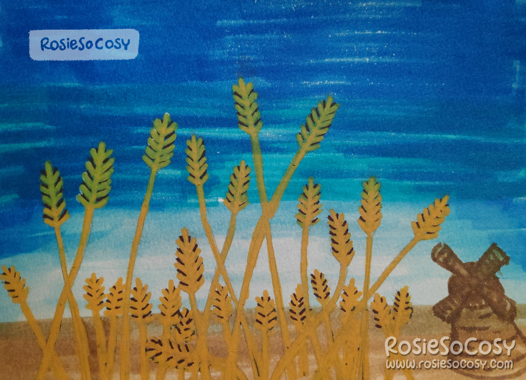 An illustration of a wheat field with a brown mill in the bottom right corner. The sky is blue.