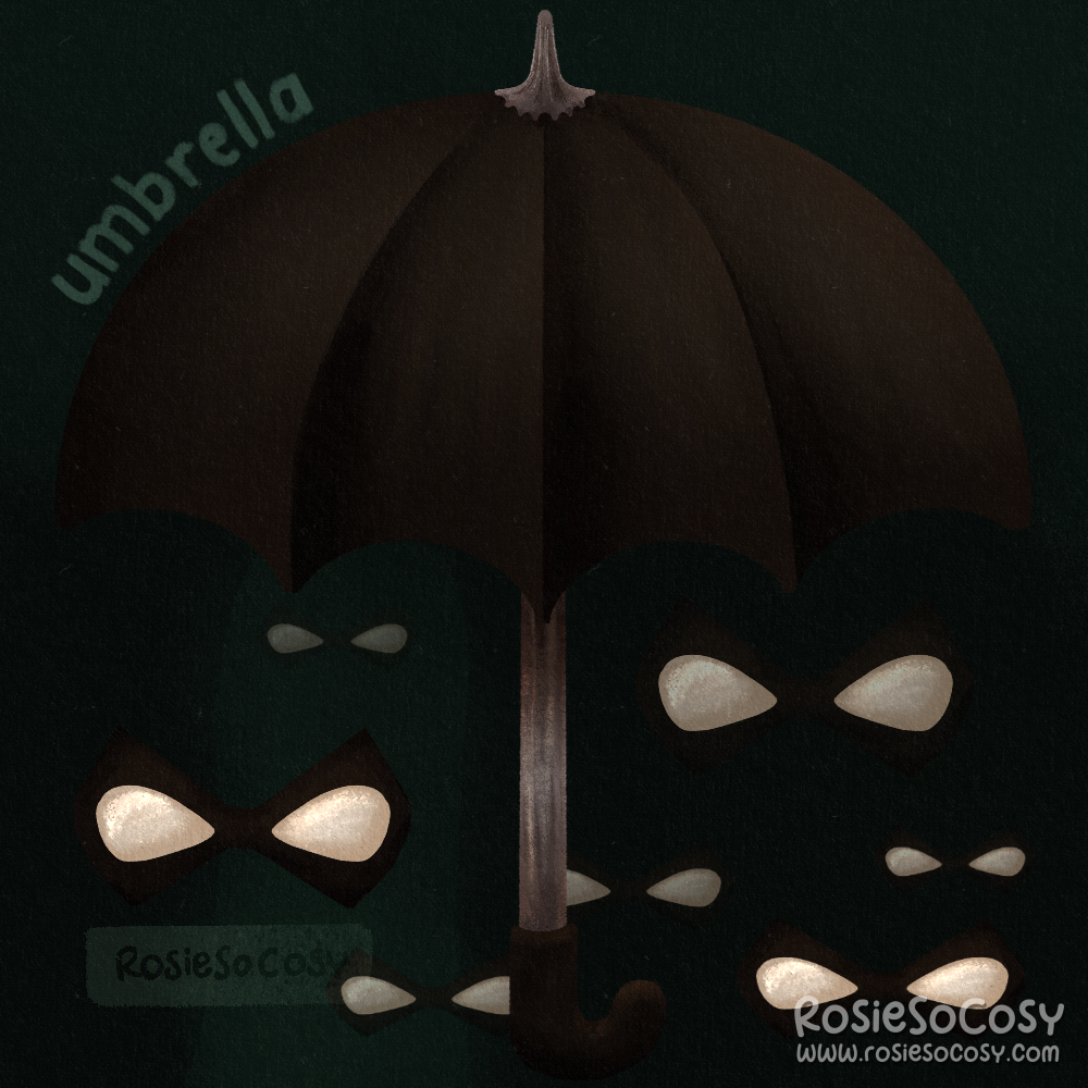 Illustration of a black umbrella with 7 masks of which one worn by a ghost (Ben).