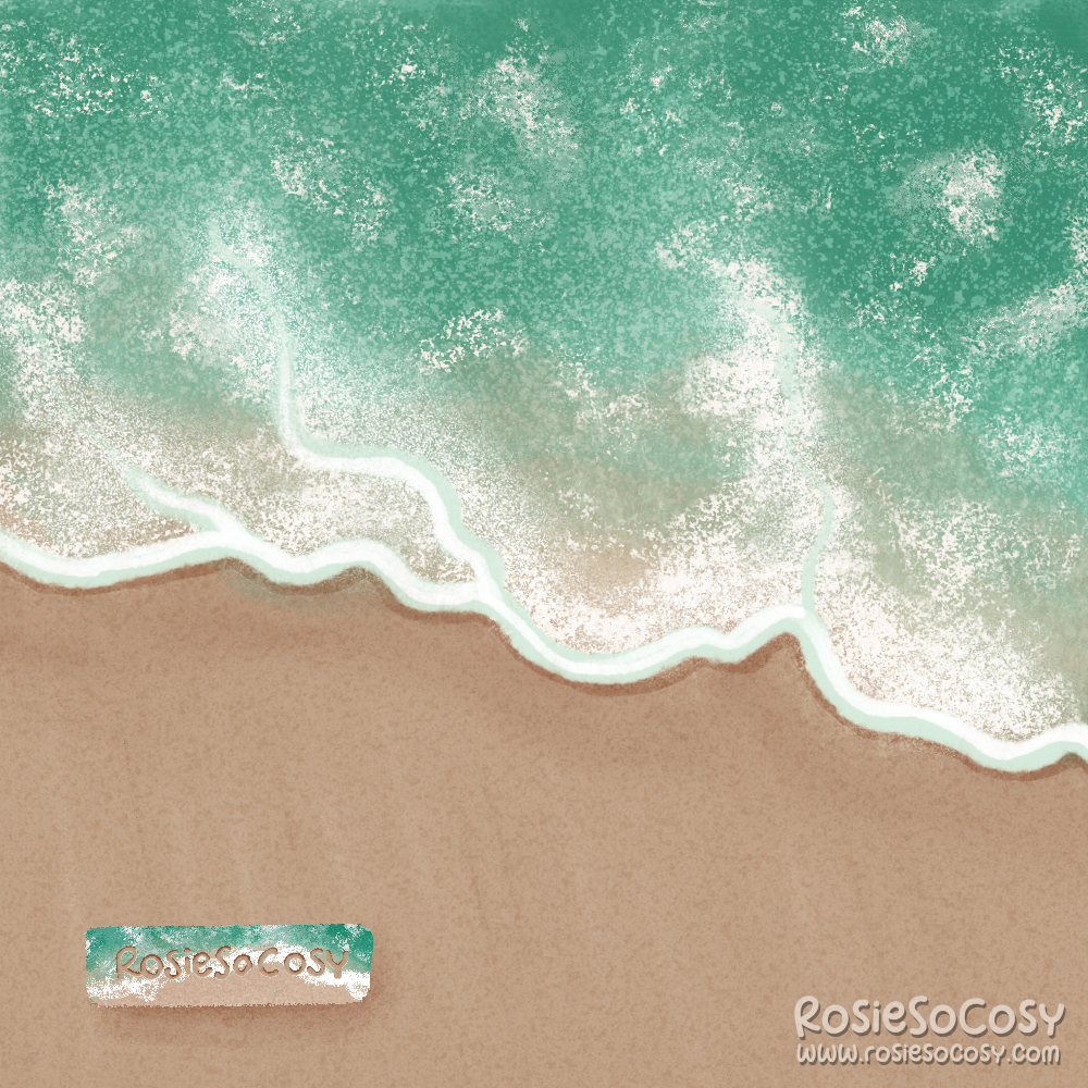 Illustration of the beach, with the seafoam washing ashore.