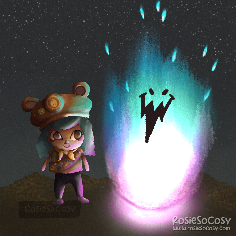 Illustration of a female player Cozy Grove, dressed in a scout’s outfit, and next to her is Flamey, in their big bright white, aqua and fuchsia state, after having received Spirit Logs. The lighting of Flamey is cast on the player.